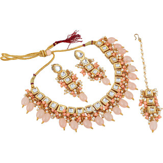                      Lucky Jewellery Meenakari 18k Gold Plated Peach Color White Kundan Choker Necklace Set (660-J5SK-1664-LPH)                                              