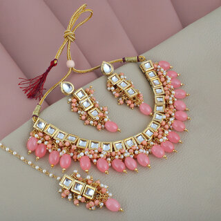                       Lucky Jewellery Meenakari 18k Gold Plated Peach Color White Kundan Choker Necklace Set (660-J5SK-1664-PH)                                              