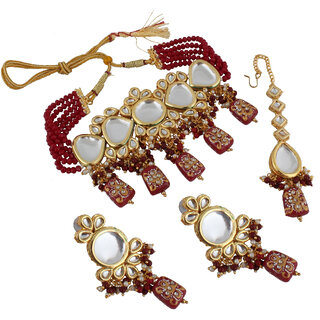                       Lucky Jewellery Meenakari 18k Gold Plated Maroon Color White Kundan Choker Necklace Set (1562-M5SK-1671-M)                                              