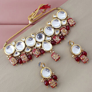                       Lucky Jewellery Meenakari 18k Gold Plated Maroon Color Earring Kundan Choker Necklace Set (1565-J5SK-1630-M)                                              