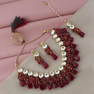                       Lucky Jewellery Meenakari 18k Gold Plated Maroon Color White Kundan Choker Necklace Set (1580-J5SK-1678-M)                                              