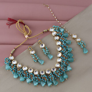                       Lucky Jewellery Meenakari 18k Gold Plated Mint Color White Kundan Choker Necklace Set (1580-J5SK-1678-MNT)                                              