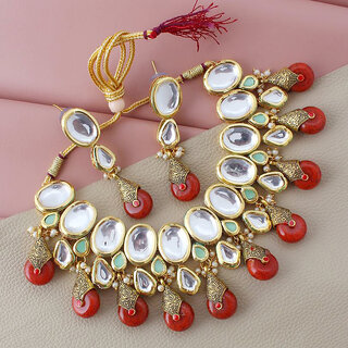                       Lucky Jewellery Meenakari 18k Gold Plated Red Color White Kundan Choker Necklace Set (1665-J5SK-1631-RED)                                              