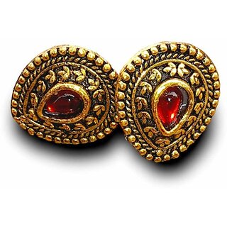                       Gold Plated Leaf Shape Golden Alloy Graceful Fancy Drop Earrings With Red Stone. Alloy Stud Earring                                              