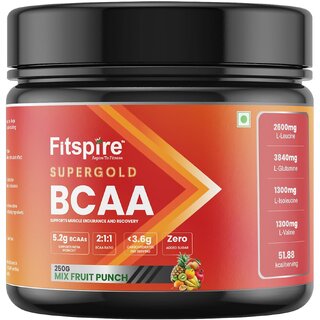                       Fitspire super gold BCAA supplement 250gm with Fruit Punch Flavour for men women, Intra-Workout, Helping muscle growth and recovery, 19 servings 211 ratio (Leucine, Isoleucine, valine)                                              