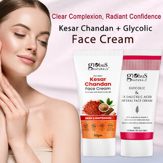                       Globus Naturals Skin Lightening Kesar Chandan & Anti Acne Glycolic Face Cream 50 gm Combo Pack, Set of 2                                               