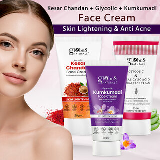 Globus Naturals Skin Brightening & Anti Acne Face Care Combo- Kumkumadi, Kesar Chandan, Glycolic Face Cream 50 gm, Combo Pack, Set of 3