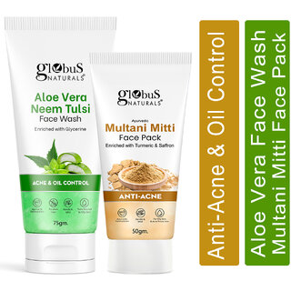                       Globus Naturals Face Care Combo Set of 2- Aloe Vera Face Wash 75gm and Multani Mitti Face Pack 50 gm                                              