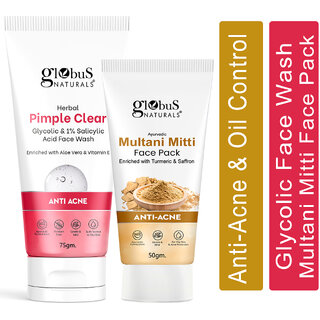 Globus Naturals Face Care Combo Set of 2- Glycolic & 1% Salicylic Acid Face Wash 75gm and Multani Mitti Face Pack 50 gm Globus Naturals Face Care Combo Set of 2- Glycolic & 1% Salicylic Acid Face Wash 75gm and Multani Mitti Face Pack 50 gm