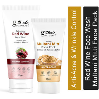                       Globus Naturals Face Care Combo Set of 2- Red Wine Face Wash 75gm and Multani Mitti Face Pack 50 gm                                              