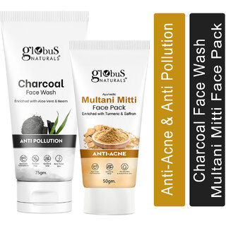                       Globus Naturals Face Care Combo Set of 2- Charcoal Face Wash 75gm and Multani Mitti Face Pack 50 gm                                              
