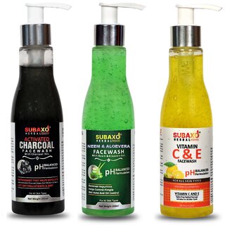                       Subaxo Herbal Charcoal   Neem Aloevera  Vitamin C Face Wash,Combo Pack of 3, Each 200 ml                                              
