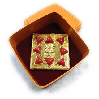                       Mangal Yantra with Munga/Moonga (Red Coral) Stone in Gold Plated for Pooja and Wealth/Business, Status  Prosperity                                              