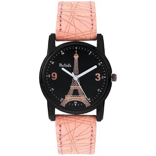                       Relish Analog Eiffel Tower Watch for Girls  Women (Black Dial Pink Colored Strap)                                              