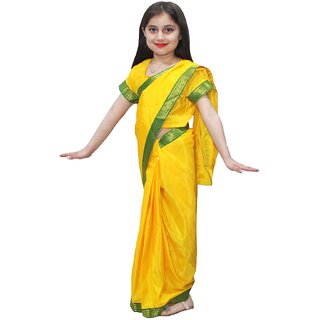                       Kaku Fancy Dresses Indian Pre-Stiched Saree with Blouse - Yellow for Girls                                              