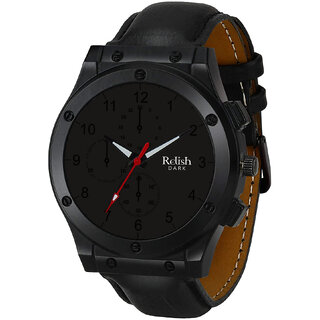                       Relish Men's Black Stainless Steel Case Leather Strap Analog Display Quartz Watch  Dark Series (Black Leather Strap)                                              