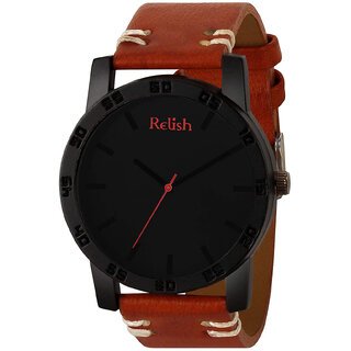                       Relish Men's Black Stainless Steel Case Leather Strap Analog Display Quartz Watch  Dark Series  Tan Strap  RE-BB8014                                              