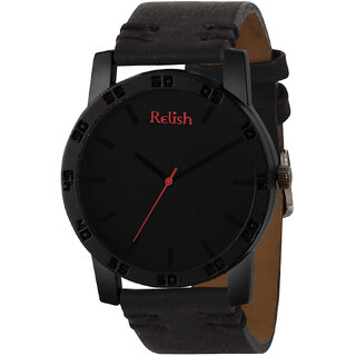                       Relish Men's Black Stainless Steel Case Leather Strap Analog Display Quartz Watch Dark Series                                              
