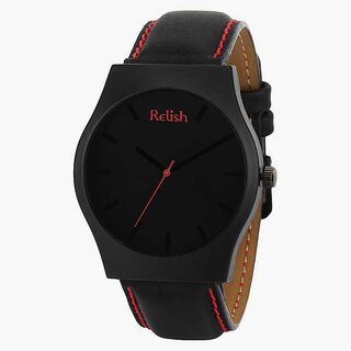                       Relish Men's Black Stainless Steel Case Leather Strap Analog Display Quartz Watch  Dark Series (Black Strap) RE-B8017                                              