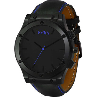                       Relish Dark Series Analog Display Quartz Black Stainless Steel Case Leather Strap Men's Watch                                              