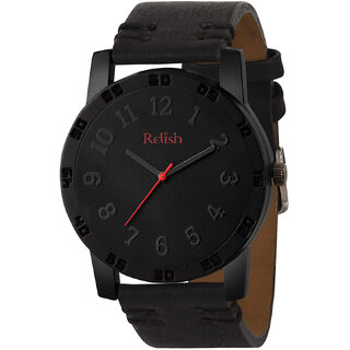                       Relish Men's Black Stainless Steel Case Leather Strap Analog Display Quartz Watch  for Brother  Black Strap RE-BB8024                                              