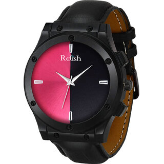                       Relish Men's Black Stainless Steel Case Leather Strap Analog Display Quartz Watch  RE-BB8036  Dark Series (Black Leath                                              