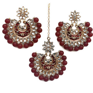                       RTM Maroon Colorerd Antique Gold Tone Maangtikka with Earring Set for Women and Girls                                              