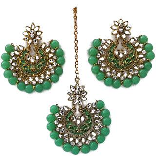                       RTM Green Color Maang Tikka with Earrings For Women And Girls                                              