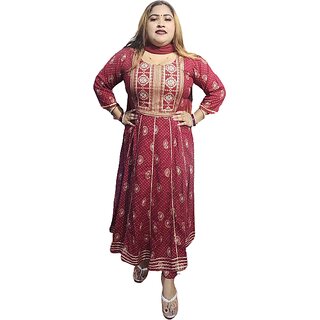 Women's Rayon Embroidered, Traditional Printed Anarkali Kurta, Pant and Dupatta set for Traditional look.