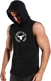 Code Yellow Men's Printed Round Neck Polyester Black Hooded Gym Vest