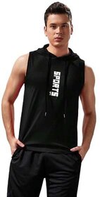 Code Yellow Men's Printed Round Neck Polyester Black Hooded Gym Vest