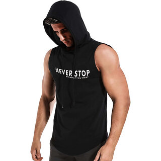                       Code Yellow Men's Printed Round Neck Polyester Black Hooded Gym Vest                                              