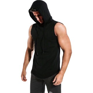                      Code Yellow Men's Solid Round Neck Polyester Black Hooded Gym Vest                                              