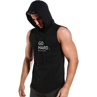                       Code Yellow Men's Printed Round Neck Polyester Black Hooded Gym Vest                                              