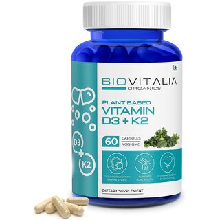 Biovitalia Organics Vitamin D3 + K2 Support bone health, Boost immunity  K2 Supports Normal Blood Clotting  60 Caps