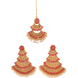                       Gold Plated Pearl and Kundan Studded Maang Tikka with Earring Set for Women and Girls                                              