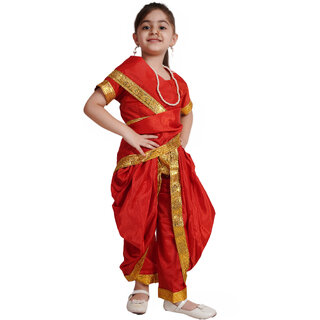                       Kaku Fancy Dresses Marathi Girl Lavni Folk Dance Costume with Jewellery for Kids - Red                                              