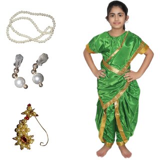                       Kaku Fancy Dresses Marathi Girl Lavni Folk Dance Costume with Jewellery for Kids - Green                                              