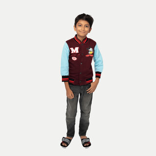                      Boys Maroon Printed Sweat Buttoned Jacket                                              