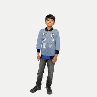                       Boys Heather Blue Printed Sweat Buttoned Jacket                                              