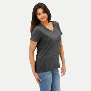                       Womens Black V-neck Melange T-shirt                                              