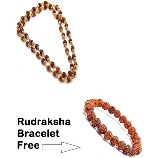                       5 Mukhi Rudraksha Golden Cap Mala With Rudraksha Bracelet For Men  Women                                              