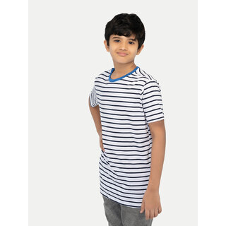                       Boys White  Crew neck Striped T-shirt                                              