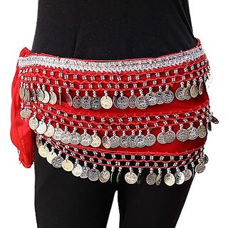                       Kaku Fancy Dresses Red Silver Sanil Belly Belt for Western Belly Dance - Red  Silver, Free Size, for Girls                                              