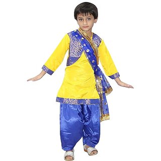                       Kaku Fancy Dresses Indian Punjabi Folk Dance Costume for Kids / Salwar Suit with Dupatta For Girl Costume - Yellow blue                                              