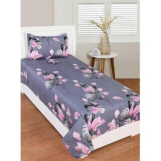                       Homeberry Grey Color Flower Single Bedsheet with Single Pillow Cover                                              