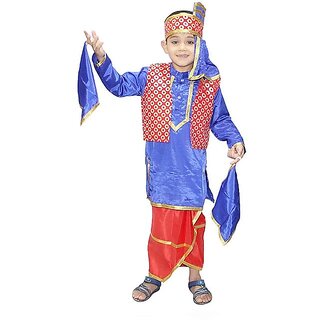                       Kaku Fancy Dresses Indian State Punjabi Folk Dance Costume for Kids/ Bhangda Gidda Dance Costume For Boys Magenta  Blue                                              