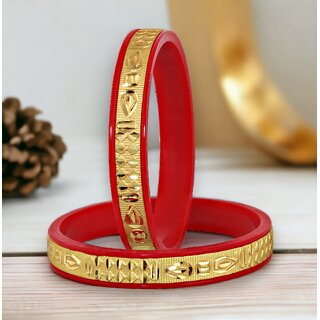                       LUCKY JEWELLERY Gold Plated Designer Red Color Traditional Ethnic 2 Pcs. Bangles Set for Women (137-J1BG-284-R2-22)                                              