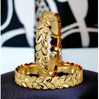                       LUCKY JEWELLERY Gold Plated Leaf Design Golden Color Traditional Ethnic 2 Pcs. Bangles Set for Women (195-J1BG-265-2-22)                                              