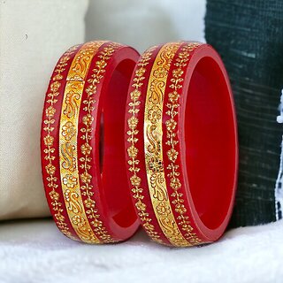                       LUCKY JEWELLERY Gold Plated Floral Red Color 2 Pcs. Bangles Set for Women (360-J1BG-1881-R6-22)                                              